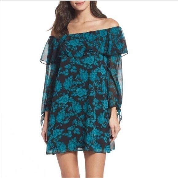 sam Edelman Off The Shoulder Teal Floral Dress 10 - Picture 1 of 6